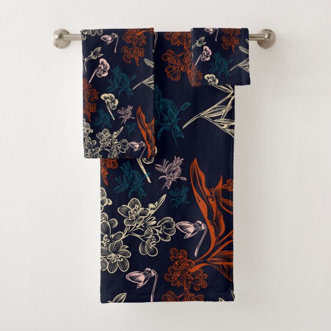 Dark Academia Botanical Floral Pattern Bath Towel Set (Insitu)