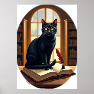 Dark Academia Cat Bookworm Reader Glasses Leather Poster