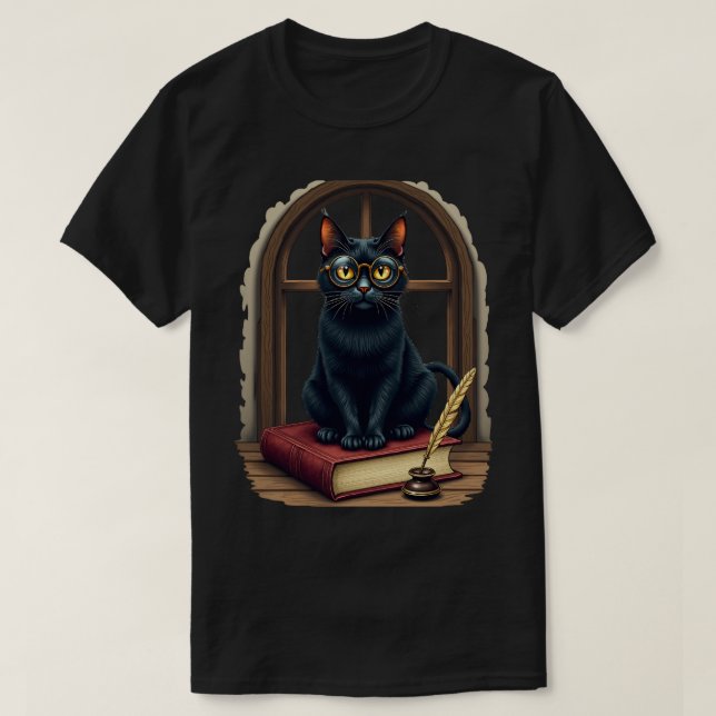 Dark Academia Cat Reader Glasses Quill Library Got T-Shirt (Design Front)