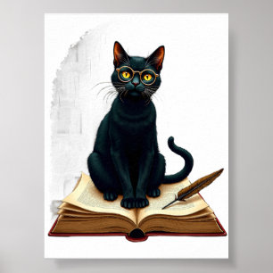 Dark Academia Cat Reading Glasses Leather Book Qui Poster
