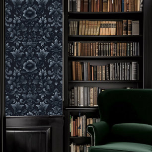 Dark Academia Dark Blue Decorative Fleur Wallpaper