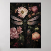 Dark Academia Dragonfly Print, Moody Floral Garden