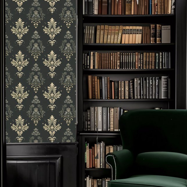 Dark Academia Dusty Green and Beige Decorative Wallpaper (Dark Academia Dusty Green and Beige Decorative Wallpaper in a library.)