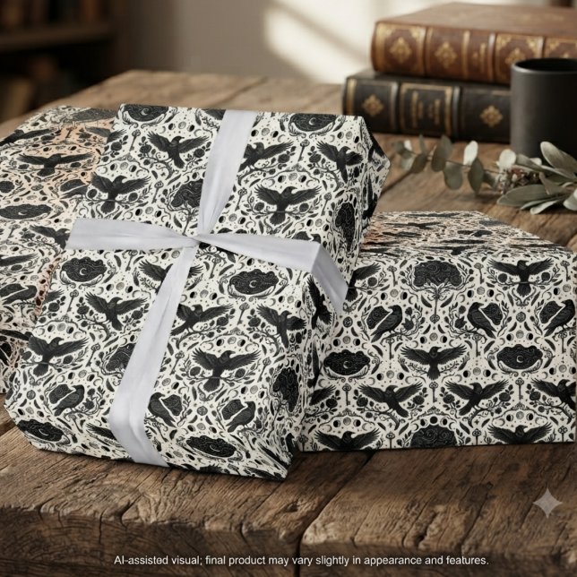 Dark Academia Etched Ivory Raven Moon Key Wrapping Paper (Dark Academia Etched Ivory Raven Moon Key Wrapping Paper for book lovers' holiday gifts.)