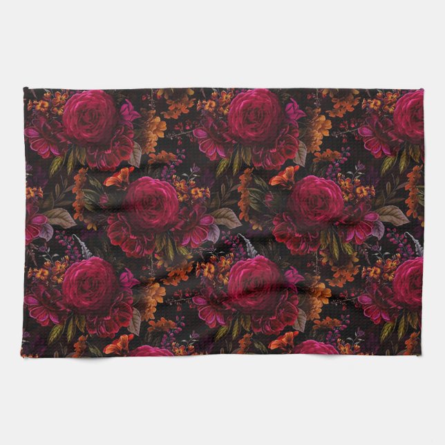 Dark Academia Floral Design Tea Towel (Horizontal)
