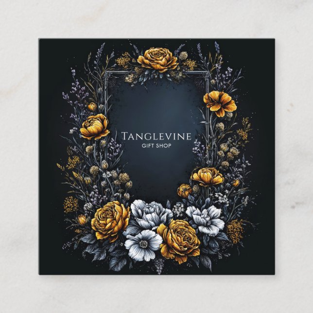 Dark Academia Floral Gold White Black Square Business Card (Front)