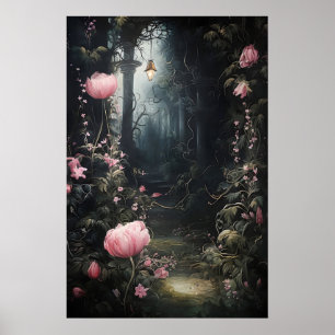 Dark Academia Floral Print, Gothic Castle Garden Poster