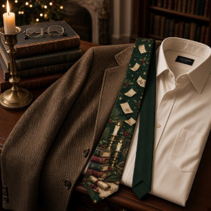 Dark Academia Forest Green Christmas Library Books Tie