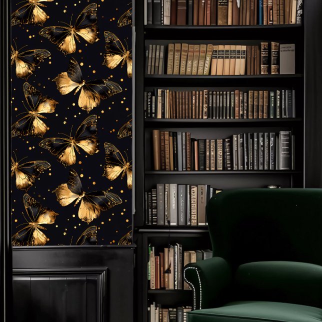 Dark Academia Gold and Black Butterflies Wallpaper (Dark Academia Gold and Black Butterflies Wallpaper in a library.)
