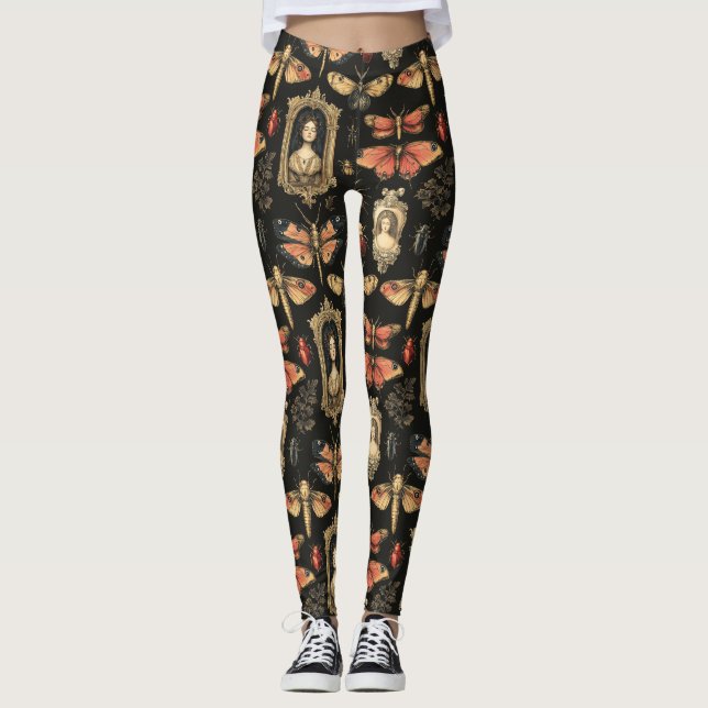 Dark Academia Goth Victorian Gothic Cameo Red Moth Leggings (Front)