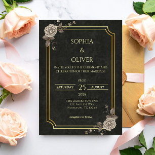 Dark Academia Gothic Black Gold Elegant Wedding Invitation
