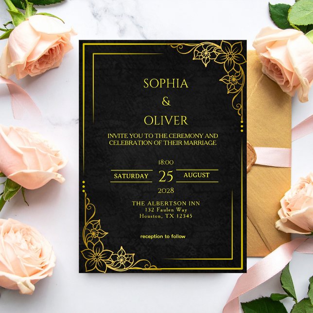 Dark Academia Gothic Black Gold Elegant Wedding Invitation (Creator Uploaded)
