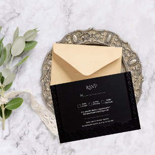 Dark Academia Gothic Black Lace Elegant Wedding RSVP Card