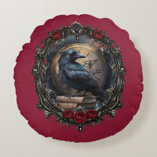 Dark Academia Gothic Raven Clock Library Wreath  Round Cushion
