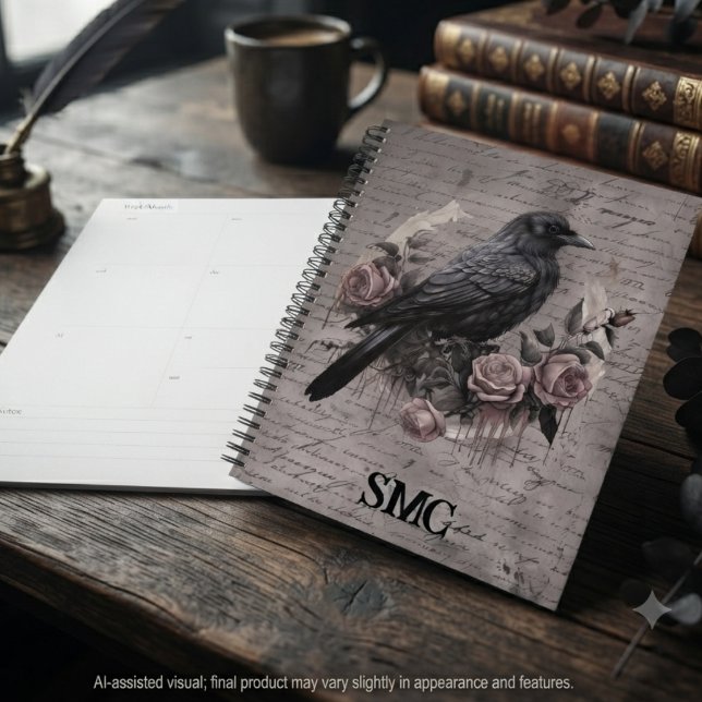 Dark Academia Gothic Raven Rose Charcoal Planner (Gothic raven and rose planner for dark academia fans and daily journaling.)