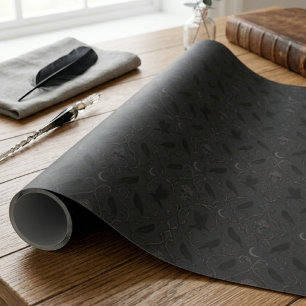 Dark Academia Gothic Raven Skull Damask Wrapping Paper