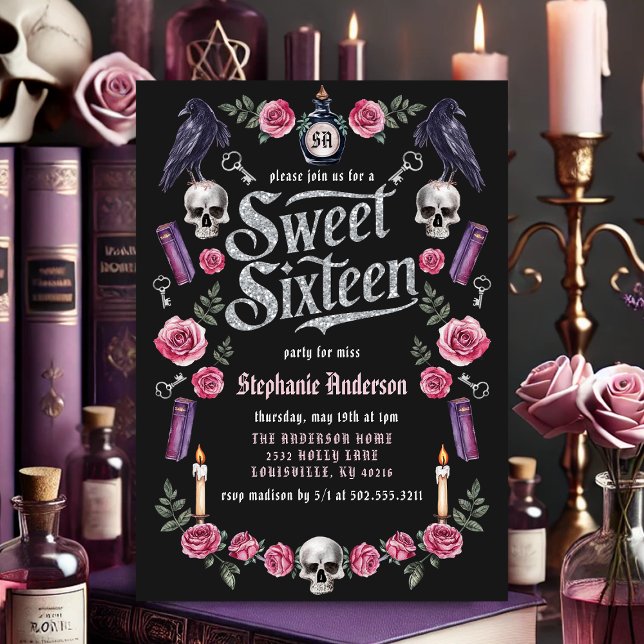 Dark Academia Gothic Silver Floral Sweet 16 Invitation (Creator Uploaded)