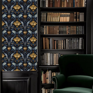 Dark Academia Grey-Blue and Gold Vintage Floral Wallpaper