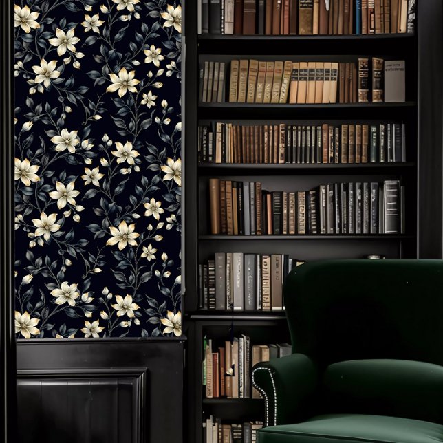 Dark Academia Grey Foliage with Cream Flowers Wallpaper (Dark Academia Gray Foliage with Cream Flowers Wallpaper in a library.)