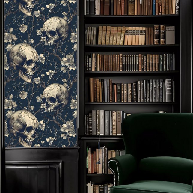 Dark Academia Grey Skulls Wallpaper (Dark Academia Gray Skulls Wallpaper in a library.)