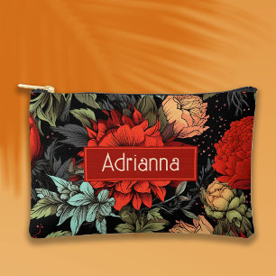 Dark Academia Maximalist Red Dahlia Floral Accessory Pouch