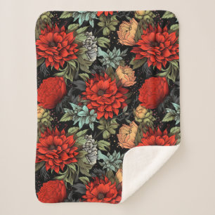 Dark Academia Maximalist Red Dahlia Sherpa Blanket
