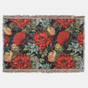 Dark Academia Maximalist Red Dahlia Throw Blanket