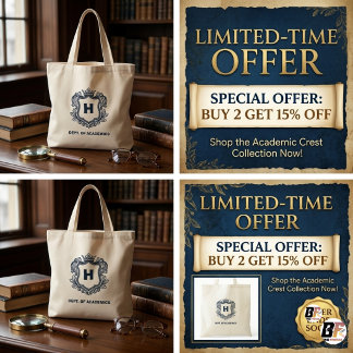 Dark Academia Monogram Crest Canvas Tote Bag