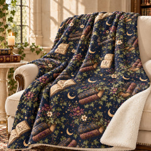 Dark Academia Navy Antique Books Celestial Floral Sherpa Blanket