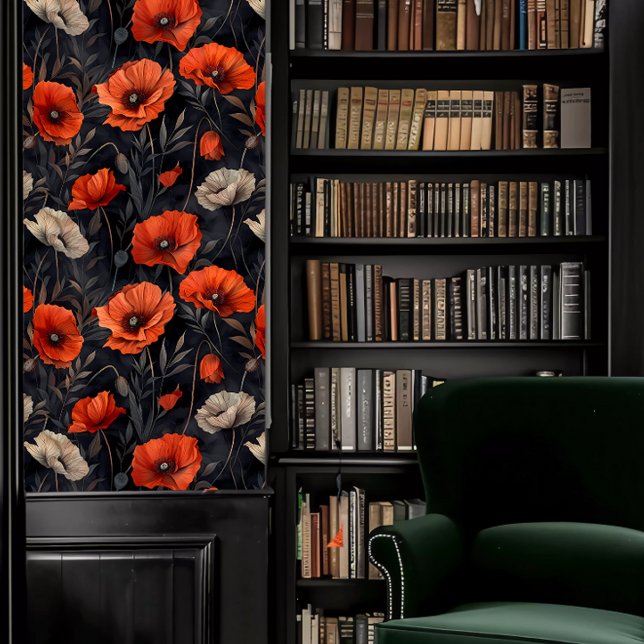 Dark Academia Orange Poppies on Dark Background Wallpaper (Dark Academia Orange Poppies on Dark Background Wallpaper in a library.)