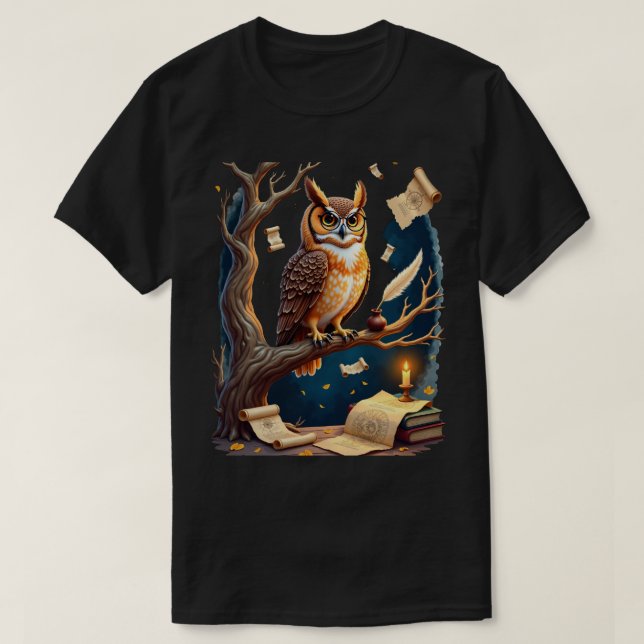 Dark Academia Owl Glasses Quill Ink Pot Library St T-Shirt (Design Front)