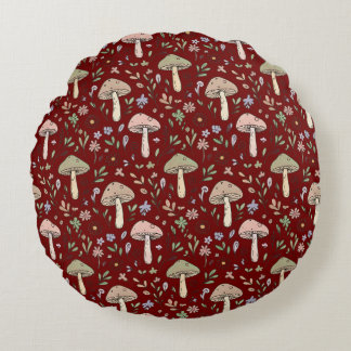 Dark Academia Plum Red Fungi Seamless Luxury Round Cushion