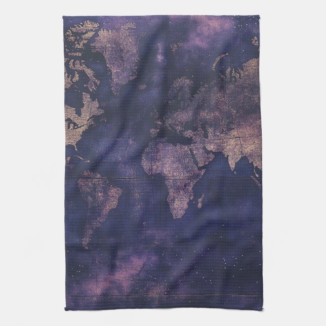 Dark Academia Purple Celestial World Map Tea Towel (Vertical)