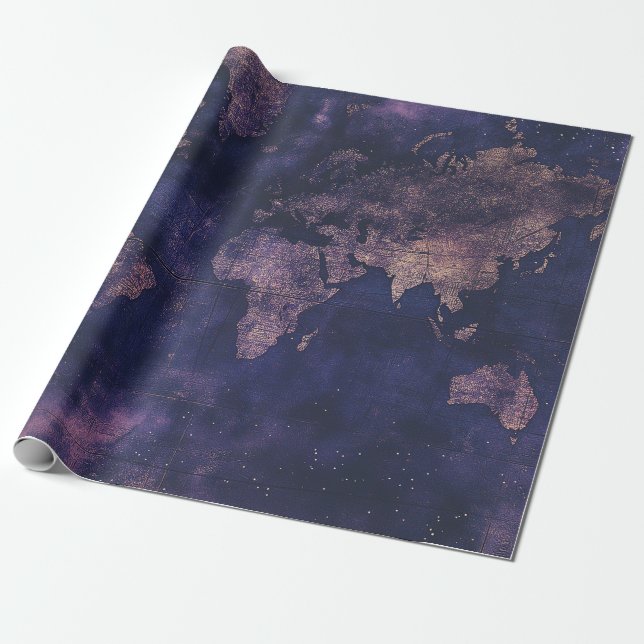 Dark Academia Purple Celestial World Map Wrapping Paper (Unrolled)