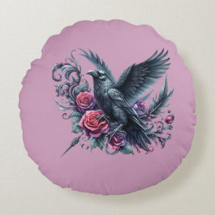 Dark Academia Raven and Red Roses Gothic Floral  Round Cushion