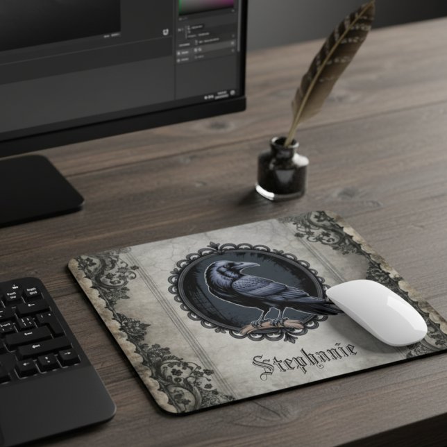 Dark Academia Raven Crow Vintage Style Mouse Pad (Vintage gothic raven desk accessory for the dark academia fan — perfect holiday gift idea.)