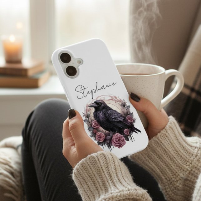 Dark Academia Raven Mauve Floral iPhone 16 Case (Gothic Raven & Roses – Personalized Romantic IPhone case)