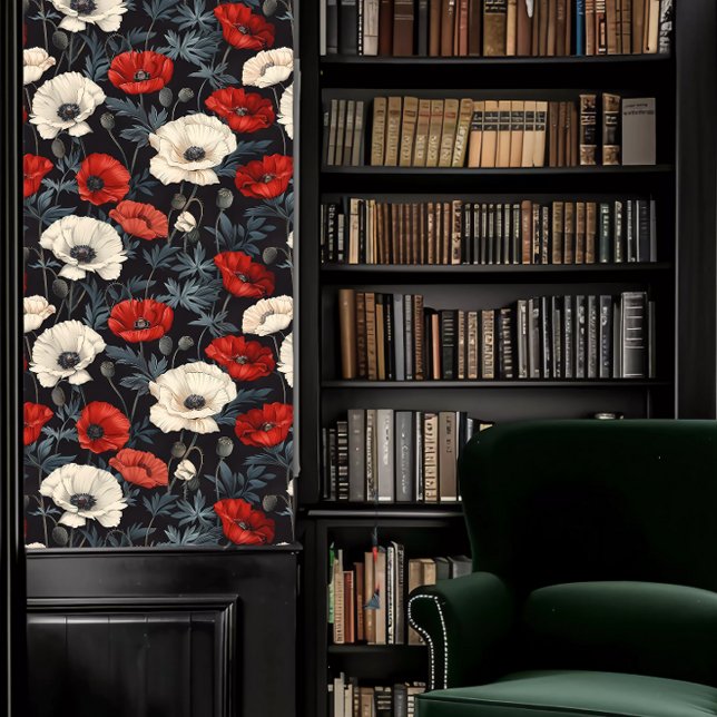Dark Academia Red and White Poppies Wallpaper (Dark Academia Red and White Poppies Wallpaper in a library.)