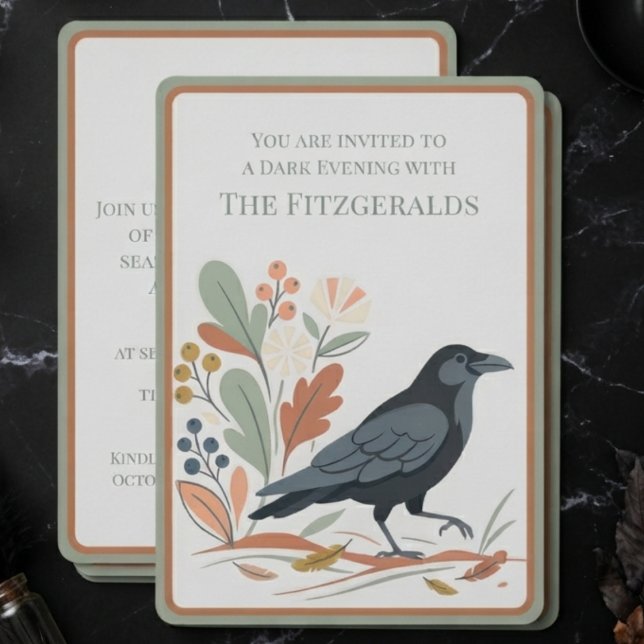 Dark Academia Sage Folk Art Raven Invitation (Sage invitation with folk art raven for hosts during Halloween party celebrations.)
