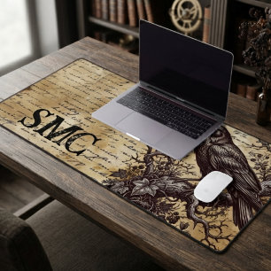 Dark Academia Sepia Manuscript Raven Desk Mat