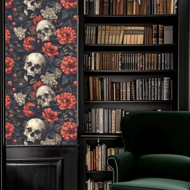 Dark Academia Skulls with Burgundy Flowers Wallpaper (Dark Academia Skulls with Burgundy Flowers Wallpaper in a library.)