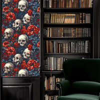 Dark Academia Skulls with Crimson and Blue Flowers