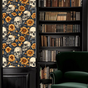 Dark Academia Skulls with Yellow Flowers Wallpaper