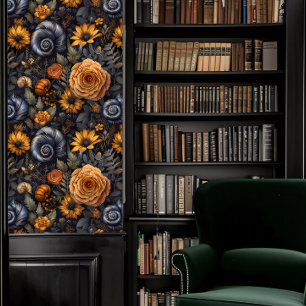 Dark Academia Snails with Blue & Peach Flowers Wallpaper