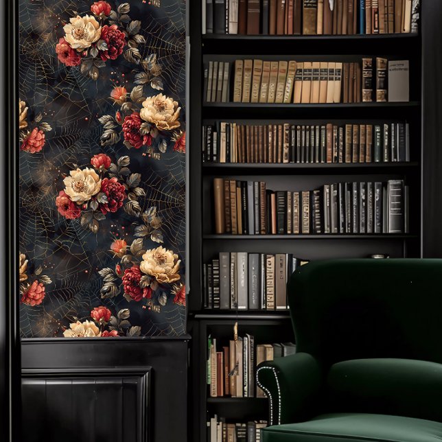 Dark Academia Spider Webs with Red & White Flowers Wallpaper (Dark Academia Spider Webs with Red & White Flowers Wallpaper in a library.)