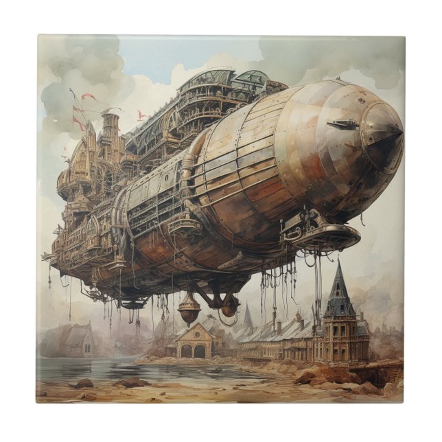 Dark Academia Steampunk Airship Sepia Tile (Front)