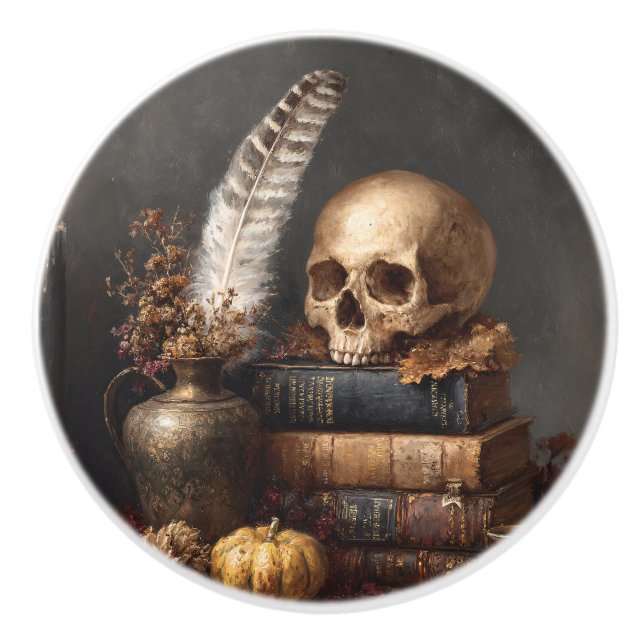 Dark Academia Still Life with Skull Ceramic Knob (Front)