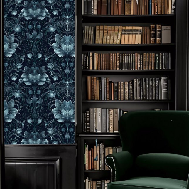 Dark Academia Teal Decorative Floral Wallpaper (Dark Academia Teal Decorative Floral Wallpaper in a library.)