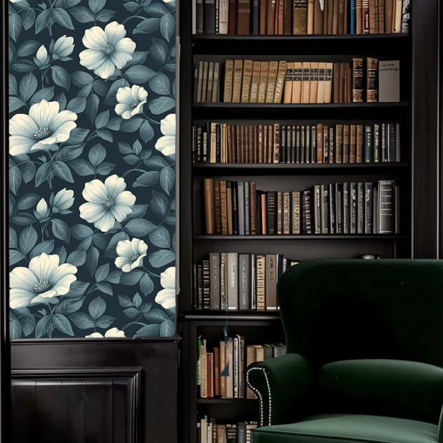 Dark Academia Teal Monochromatic Floral Wallpaper (Dark Academia Teal Monochromatic Floral Wallpaper Wallpaper in a library.)