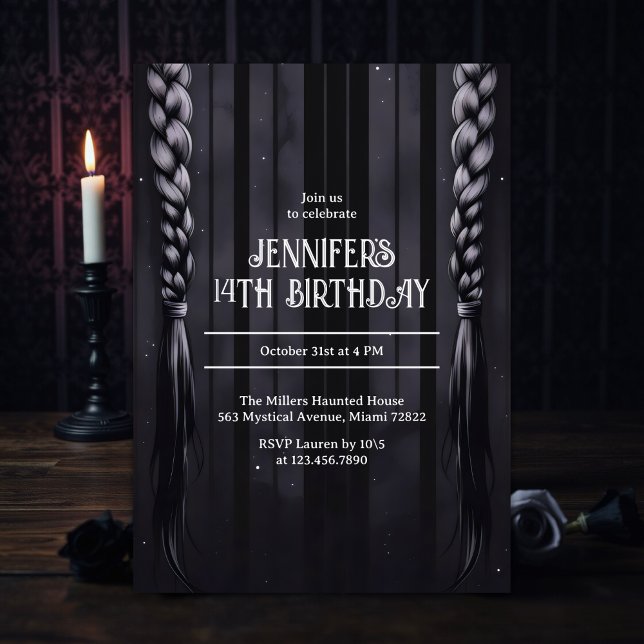 Dark Academia Vibes Gothic Braids Teen Birthday Invitation (Gothic Braids Teen Birthday – Dark Academia Black & Gray (Age Editable))